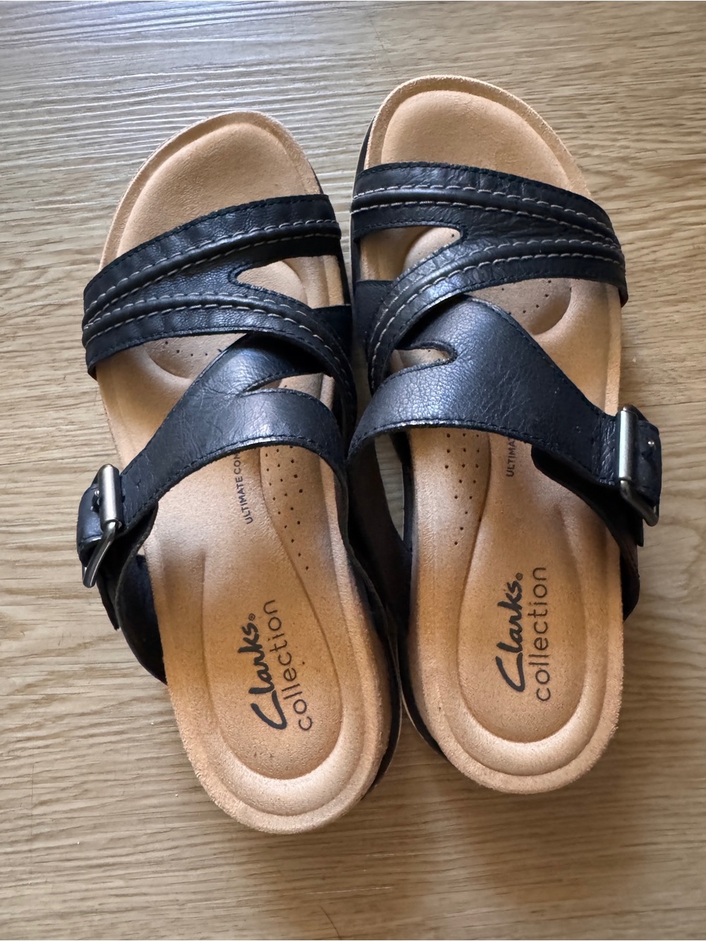 Clarks Black Leather Slip-On Sandals with Buckle
